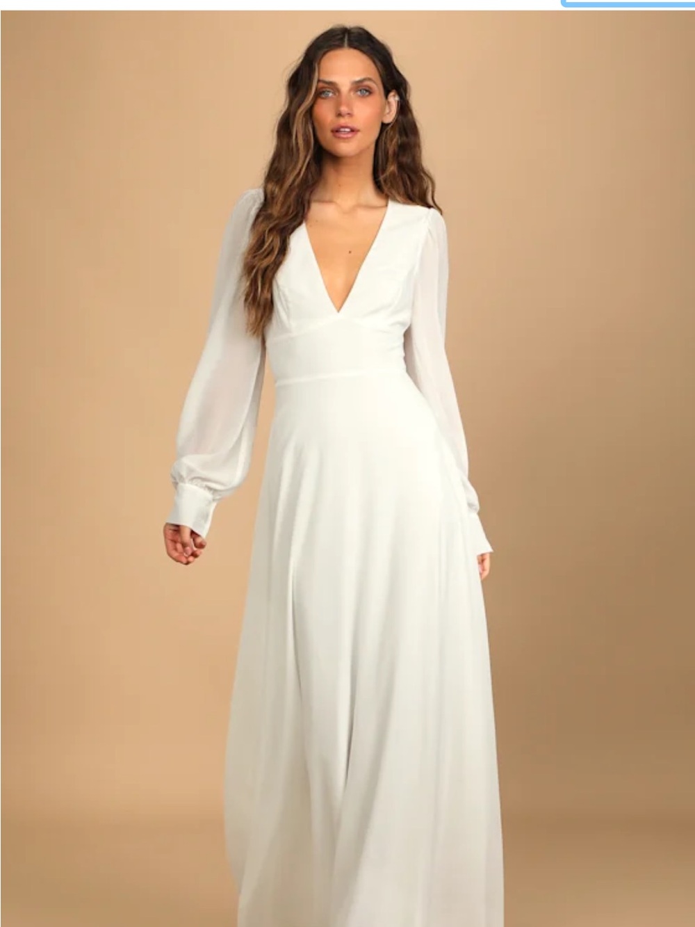 Lulu's White V-Neck Long Sleeve Backless Maxi Dress